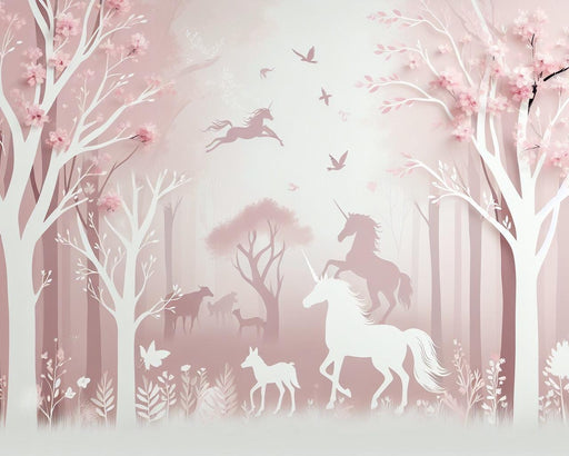 Unicorn Mural Wallpaper | Unicorn Silhouettes in a Pink Forest