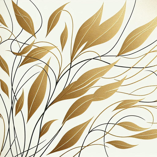 White and Gold Mural Wallpaper | Thin Leaves and Black Stems