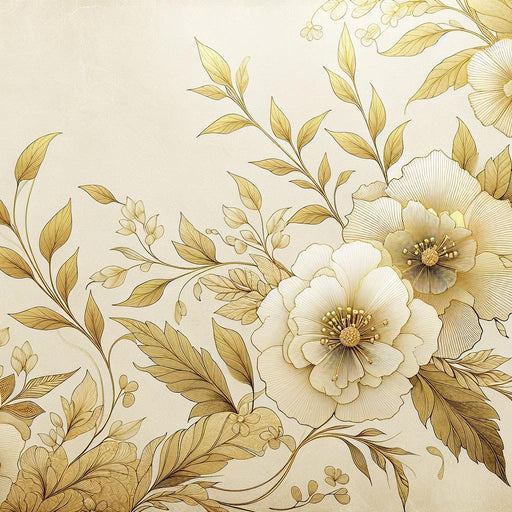 White and Gold Mural Wallpaper | Large Golden Flowers and Foliage