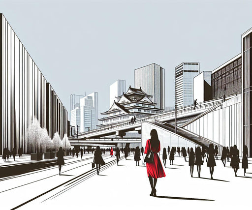 Comic Mural Wallpaper | Woman in Red Facing a Japanese Temple in the Middle of the City