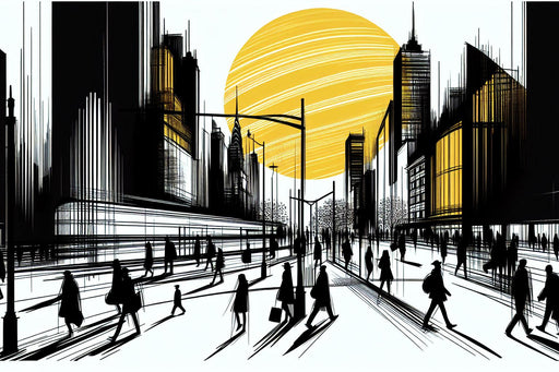 Comic Mural Wallpaper | Yellow Sun Radiating over a Busy Black and White City
