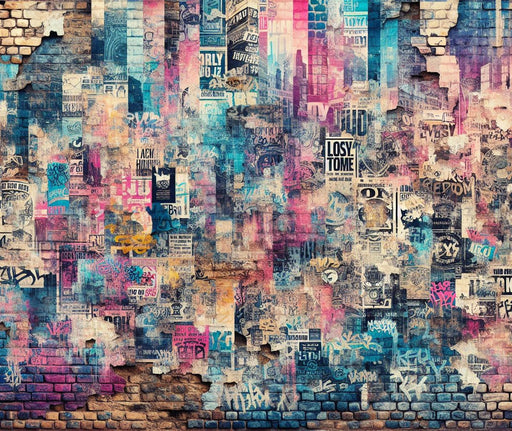 Street art Mural Wallpaper | Colorful brick wall with torn posters