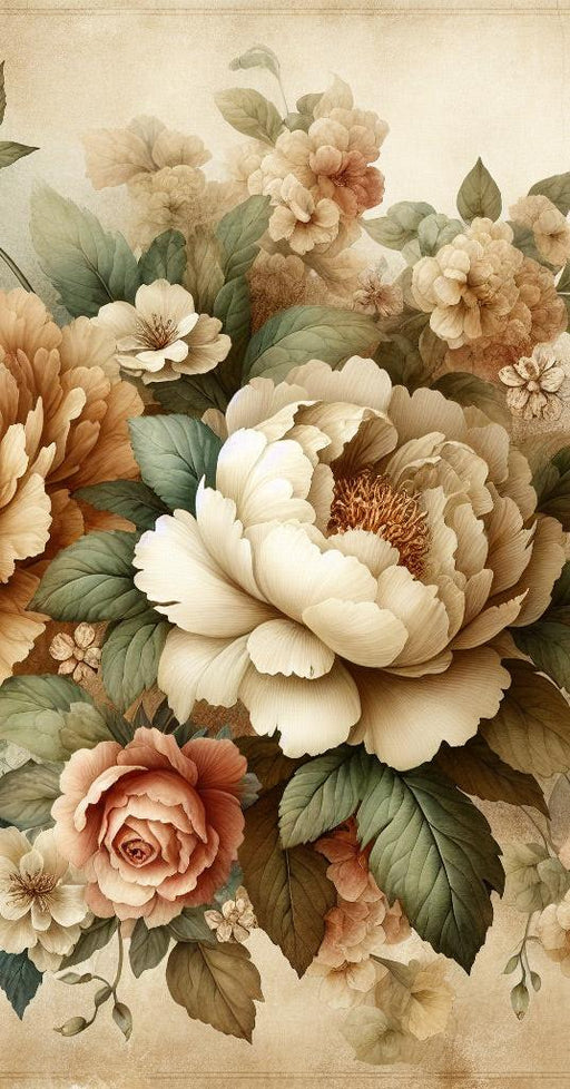 Peony Mural Wallpaper | White, Brown, and Aged