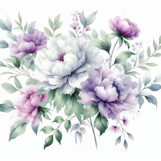 Peony Mural Wallpaper | Violet and White Floral Composition with Green Leaves
