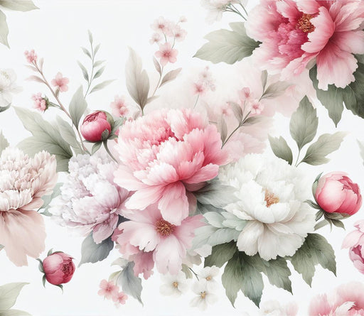 Peony Mural Wallpaper | Green Leaves and White and Pink Petals
