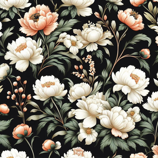 Peony Mural Wallpaper | White and Pink Retro-Style Flowers on a Black Background