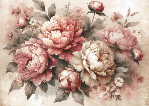 Peony Mural Wallpaper | Pink and White Flowers with a Vintage Aged Background