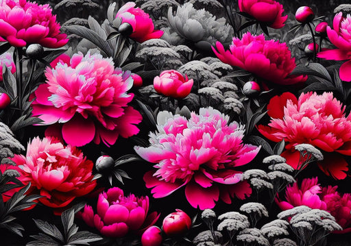 Peony Mural Wallpaper | Bright Pink Flowers with Black Set