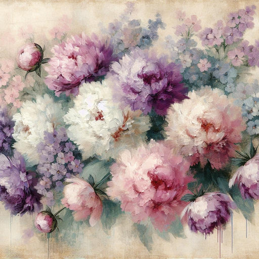 Peony Mural Wallpaper | Aged Background with Pink, Purple, and White Flowers