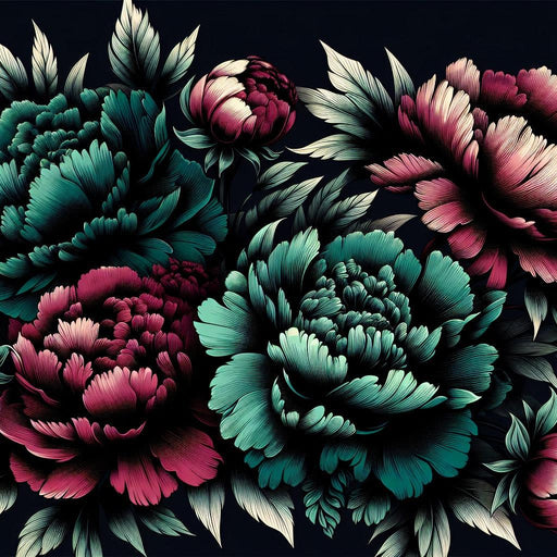 Peony Mural Wallpaper | Vintage Green and Pink Flowers on a Black Background