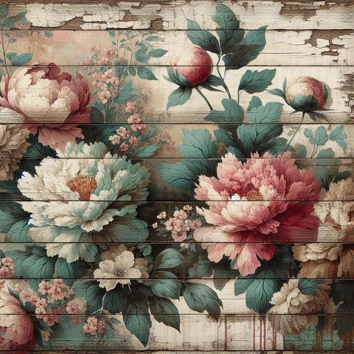 Peony Mural Wallpaper | Wood Background with White and Pink Flowers with Green Leaves