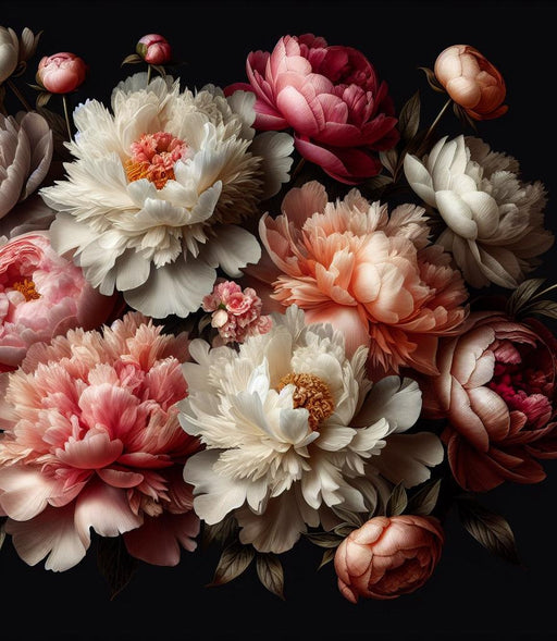 Peony Mural Wallpaper | Black Background and Colorful Realistic Flowers