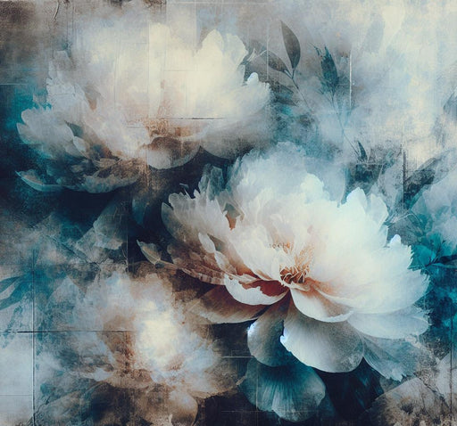 Peony Mural Wallpaper | Vintage Aged Background with Blue Flowers
