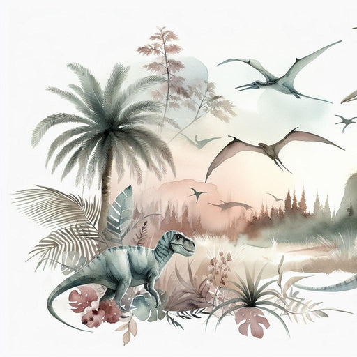 Dinosaur Mural Wallpaper | Watercolor Palm Trees and Foliage