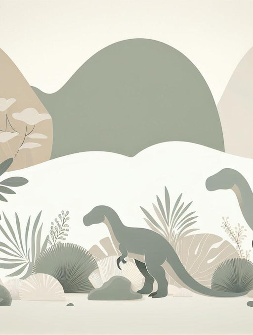 Dinosaur Mural Wallpaper | Green Silhouettes on a White and Neutral Background