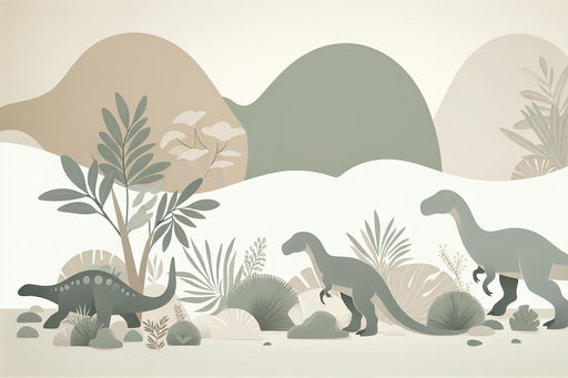 Dinosaur Mural Wallpaper | Green Silhouettes on a White and Neutral Background