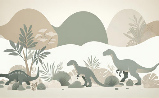 Dinosaur Mural Wallpaper | Green Silhouettes on a White and Neutral Background