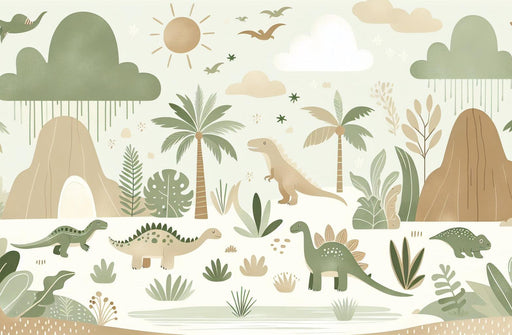 Dinosaur Mural Wallpaper | Neutral Tones with Mountains and Clouds