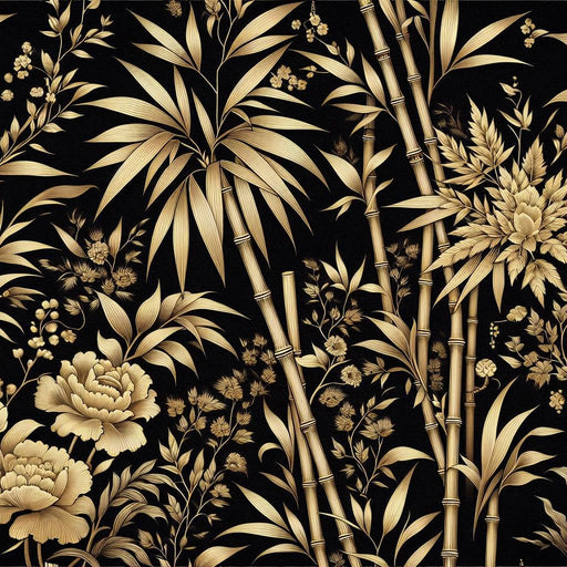 Black and Gold Mural Wallpaper | Vintage Bamboo and Flowers