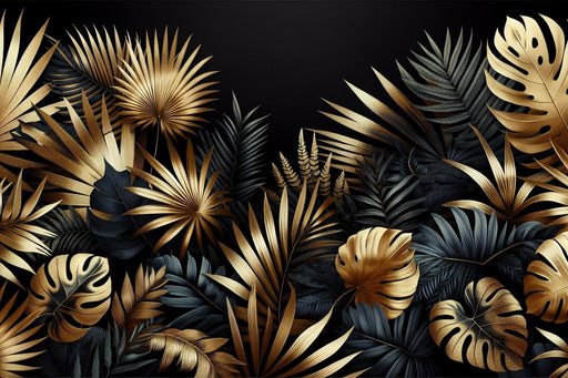 Black and Gold Mural Wallpaper | Composition of Golden and Black Tropical Foliage