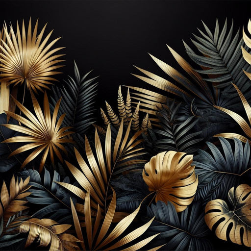 Black and Gold Mural Wallpaper | Composition of Golden and Black Tropical Foliage