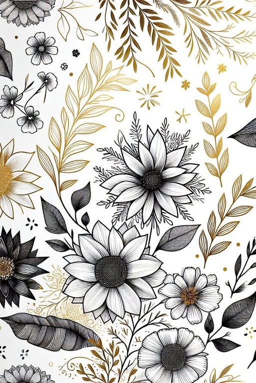 Black and Gold Mural Wallpaper | Golden Foliage and Black Flowers