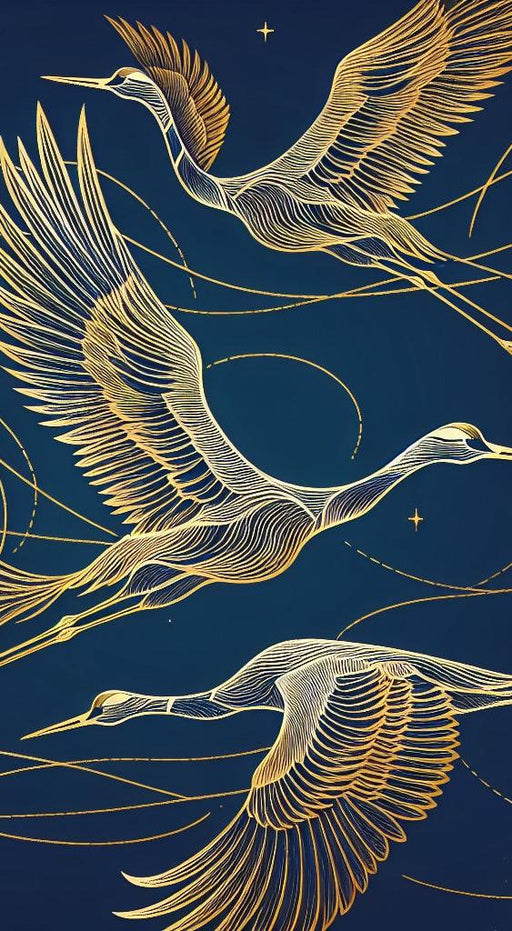 Black and Gold Mural Wallpaper | Golden Cranes and Stars on a Midnight Blue Background