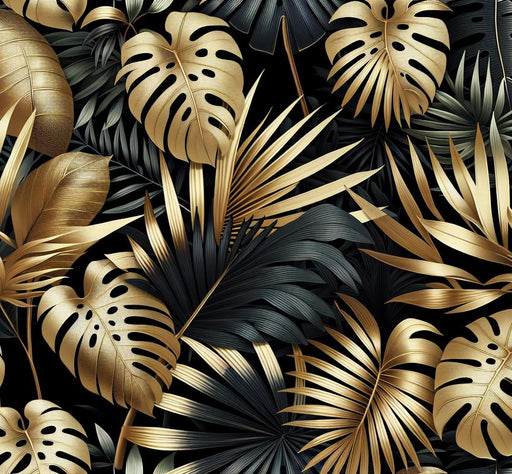 Black and Gold Mural Wallpaper | Monstera and Black and Gold Palm Leaf