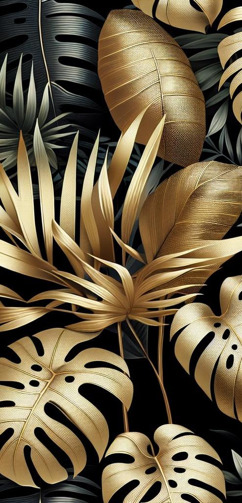 Black and Gold Mural Wallpaper | Monstera and Black and Gold Palm Leaf
