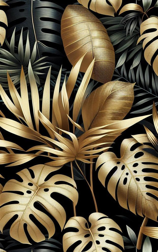 Black and Gold Mural Wallpaper | Monstera and Black and Gold Palm Leaf