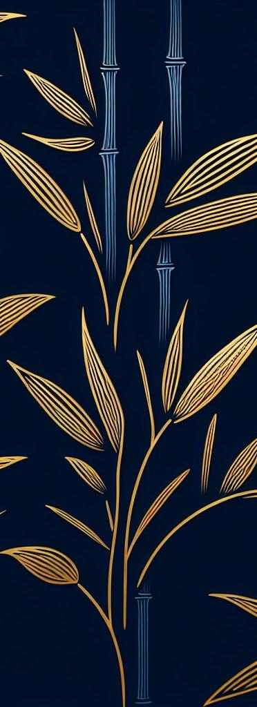 Black and Gold Mural Wallpaper | Blue Bamboo Stems and Golden Leaves