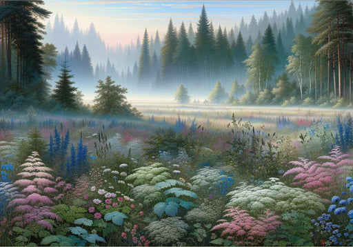 Forest Mural Wallpaper | Large Prairie with Pine Trees and Colorful Flowers