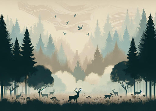 Forest Mural Wallpaper | Animals and Tall Fir Trees Silhouette