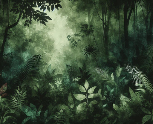 Tropical Rainforest Mural Wallpaper | Verdant Foliage and Trees in Watercolor Style