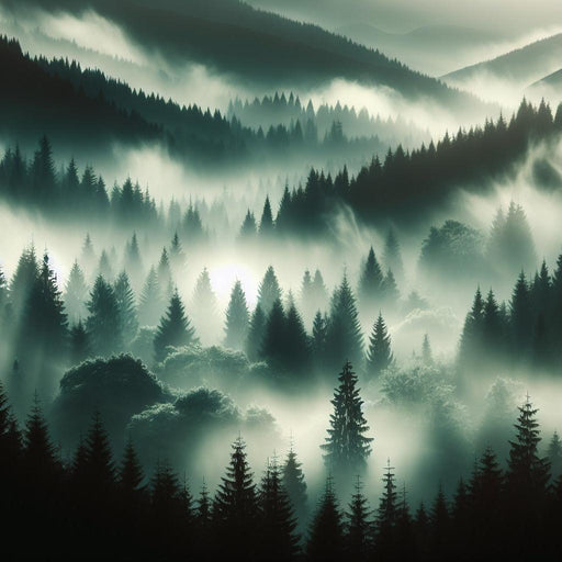 Forest Mural Wallpaper | Misty Valley of Fir Trees and Various Trees