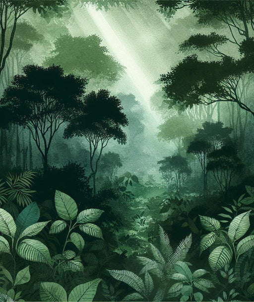 Green Forest Mural Wallpaper | Green Toned Foliage and Trees with a Light Hole