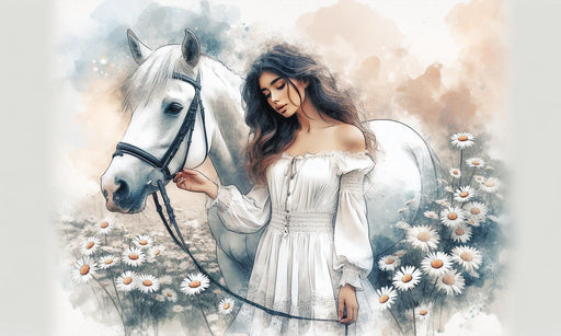 Horse Mural Wallpaper | Woman and White Horse amidst White Flowers