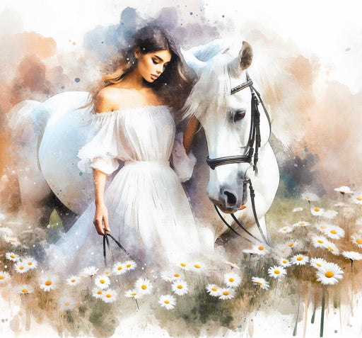 Mural Wallpaper horse | Woman and horse in a field of flowers