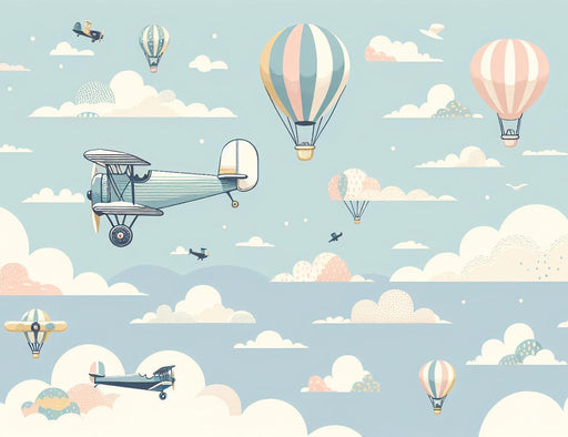 Airplane Mural Wallpaper | Hot Air Balloons and Clouds for Children