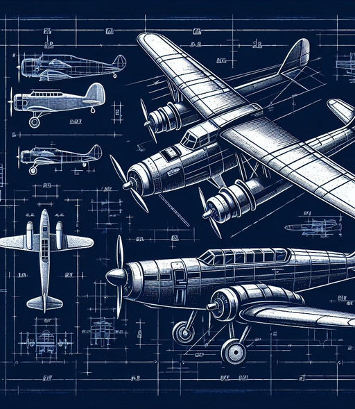 Airplane Mural Wallpaper | White and Midnight Blue Technical Plan