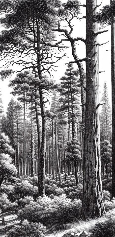 Black and White Tree Mural Wallpaper | Forest of Tall Trees and Fir Trees