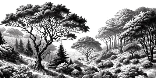 Black and White Tree Mural Wallpaper | Plain with Shrubs, Trees, and Fir Trees
