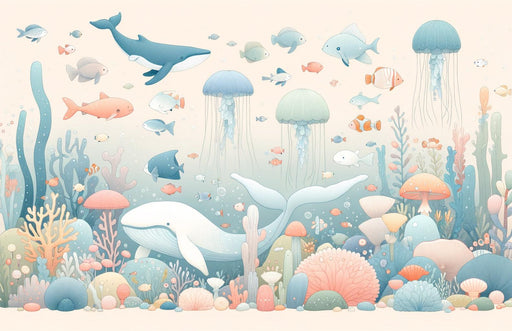 Marine Mural Wallpaper | Underwater Fauna and Flora with Pastel Shades
