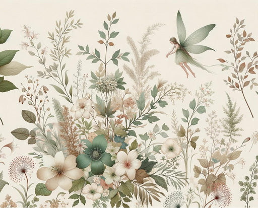 Enchanted Mural Wallpaper | Green Leaves with Flowers and Fairy