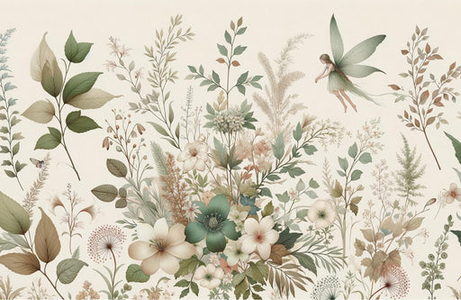 Enchanted Mural Wallpaper | Green Watercolor Flowers with Fairy