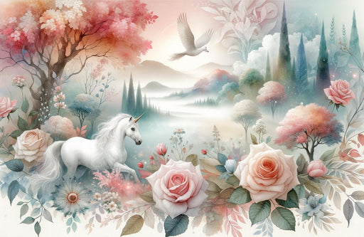 Unicorn Mural Wallpaper | Imaginary Animals with Floral Rose Compositions