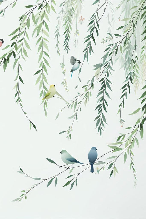 Tree Mural Wallpaper | Green Falling Leaves with Colorful Birds