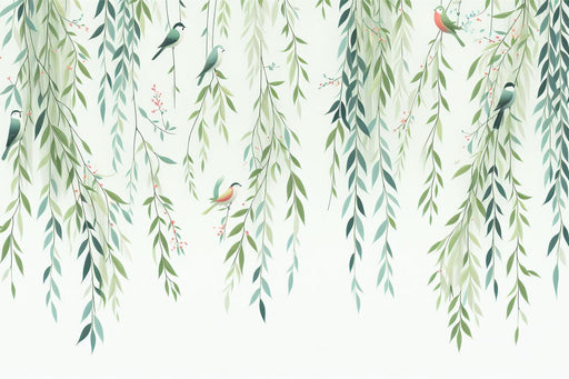 Mural Wallpaper foliage | Birds and falling green and blue leaves
