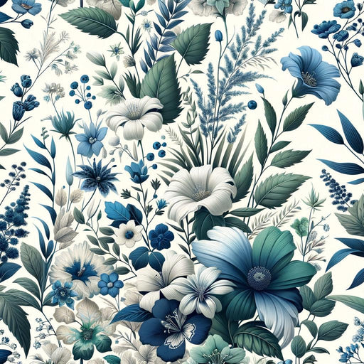 Flower Mural Wallpaper | Green, Blue, and White Foliage and Petals