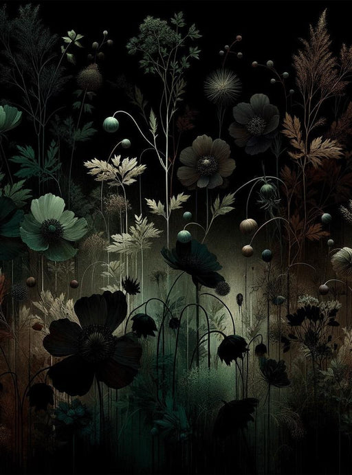 Flower Mural Wallpaper | Bluish and Dark Still Life